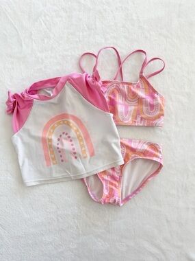Cat & Jack Girls Rainbow Bikini Set + Rash Guard Size 6/7